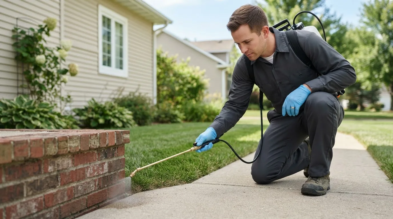 Pest control technician treating a home near Fletcher, OH