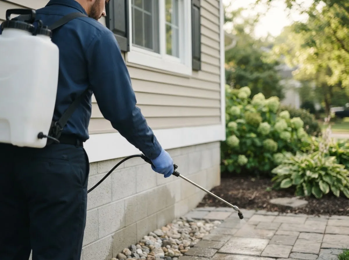Pest control technician inspecting a home in Fletcher, OH
